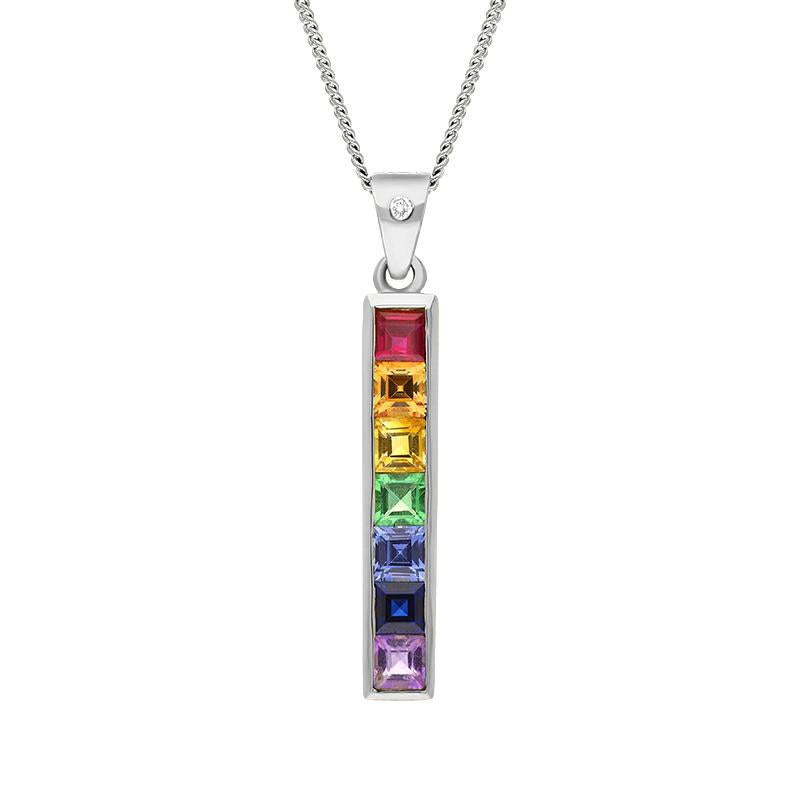 18ct White Gold Sapphire Diamond Princess Cut Multicolour Oblong Necklace