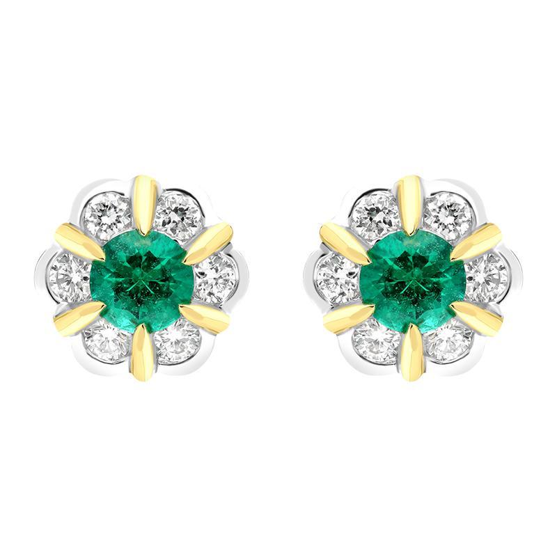 18ct White Yellow Gold 0.18ct Emerald 0.28ct Diamond Cluster Stud Earrings