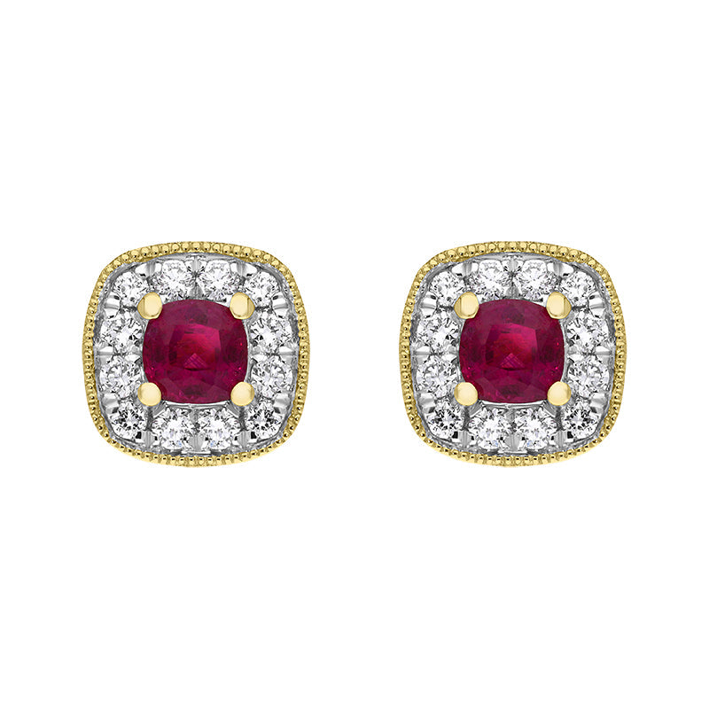 18ct Yellow Gold 0.33ct Ruby Diamond Cushion Stud Earrings