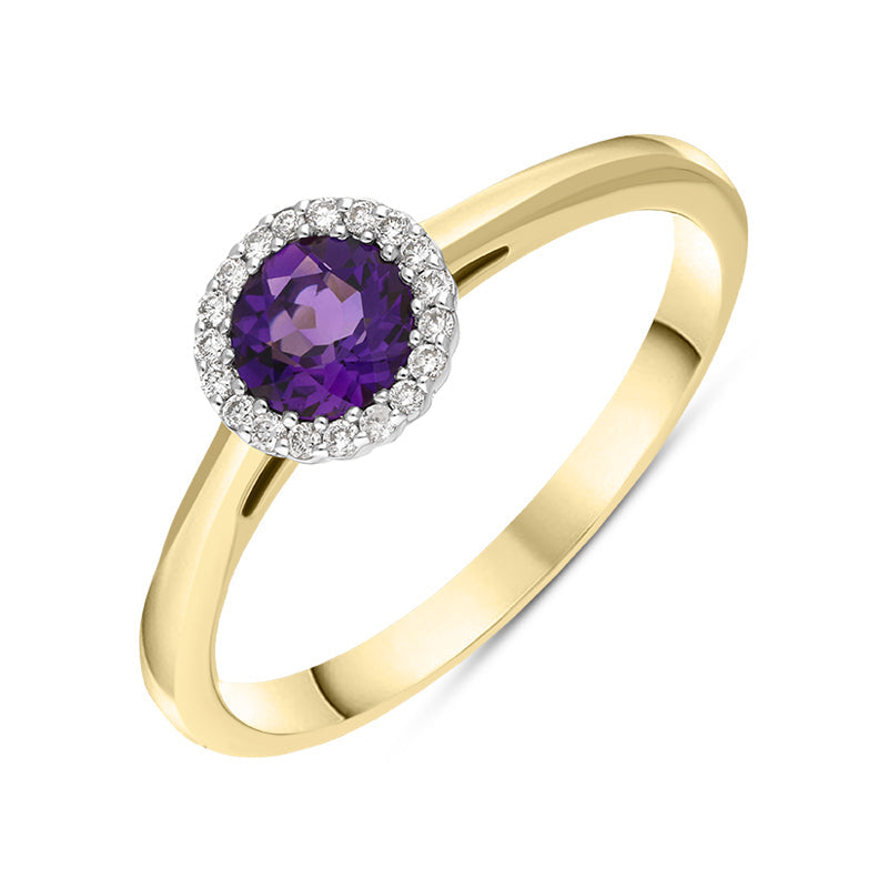 18ct Yellow Gold Amethyst Diamond Round Cut Halo Ring - N