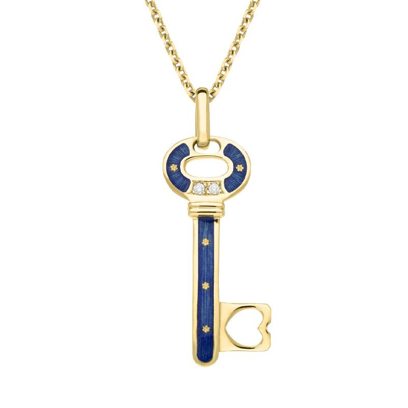 18ct Yellow Gold Diamond Blue Enamel Key Necklace - Yellow Gold