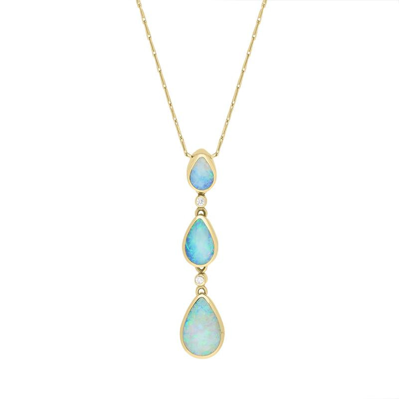 18ct Yellow Gold Opal Diamond Three Stone Graduating Pear Necklace