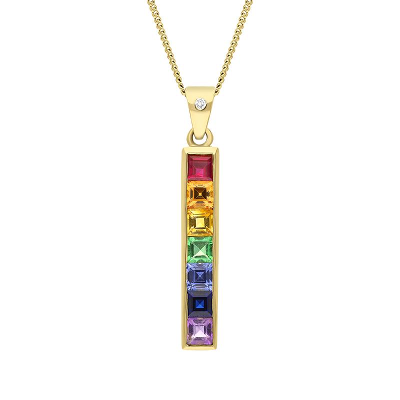18ct Yellow Gold Rainbow Sapphire Diamond Bar Necklace - Option1 Value Yellow Gold