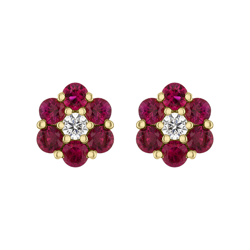 18ct Yellow Gold Ruby Diamond Cluster Earrings