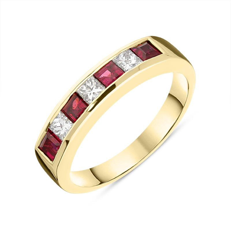 18ct Yellow Gold Ruby Diamond Princess Cut Half Eternity Ring D - Option1 Value Yellow Gold M