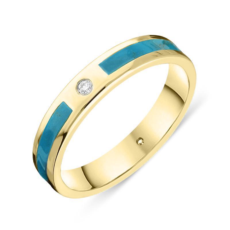 18ct Yellow Gold Turquoise Diamond 4mm Patterned Wedding Band Ring - Gold