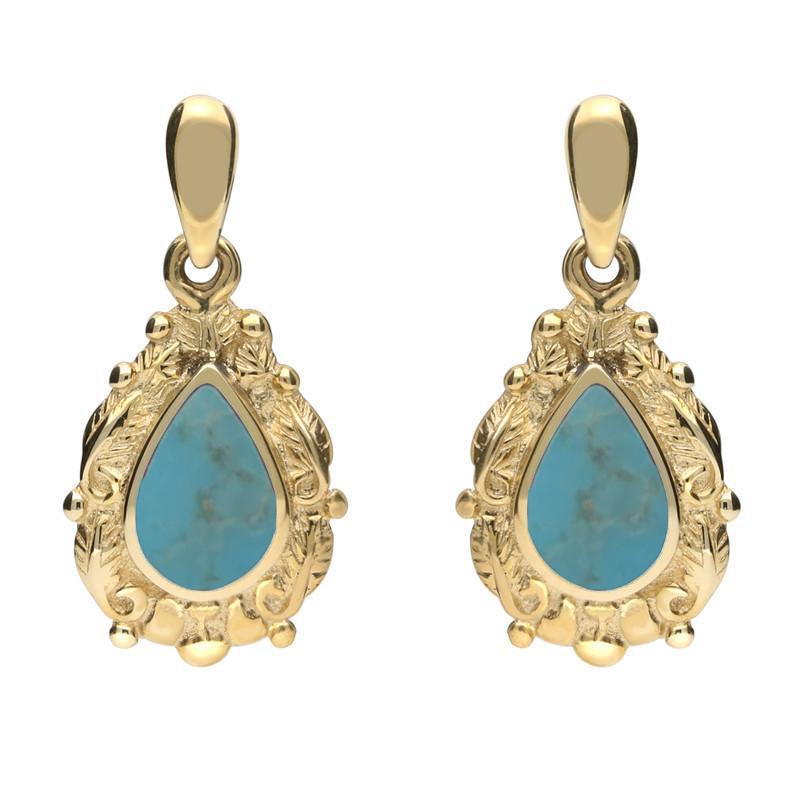 18ct Yellow Gold Turquoise Pear Shaped Leaf Drop Earrings - Yellow Gold
