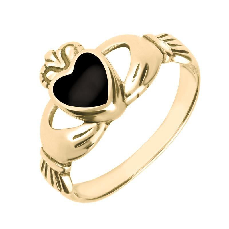 18ct Yellow Gold Whitby Jet Claddagh Set Ring