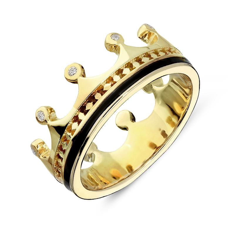 18ct Yellow Gold Whitby Jet Diamond Tiara Patterned Band Ring