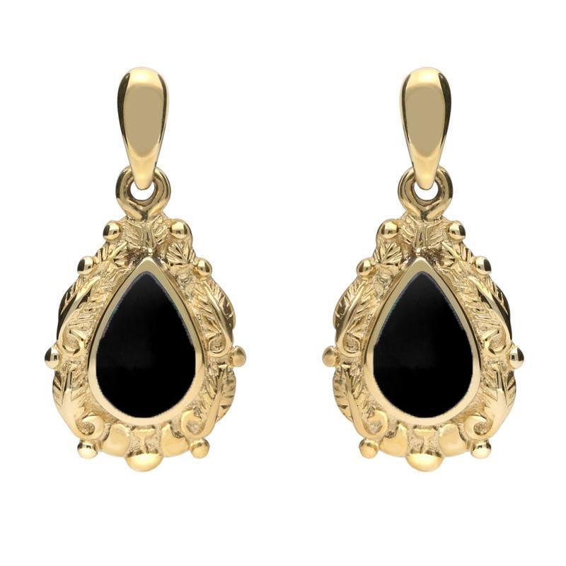 18ct Yellow Gold Whitby Jet Pear Shaped Leaf Drop Earrings - Yellow Gold