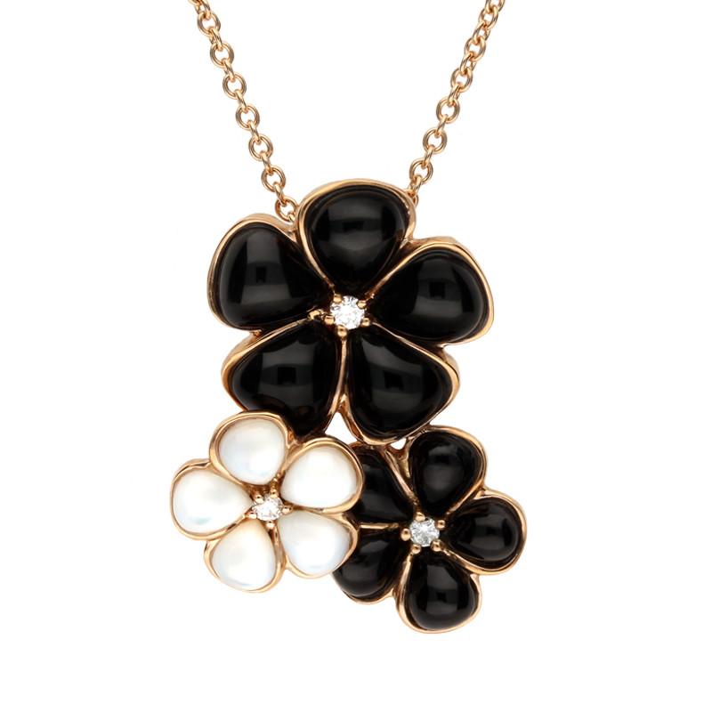18ct Rose Gold Flower Whitby Jet and Mother Of Pearl Necklace - Option1 Value Rose Gold