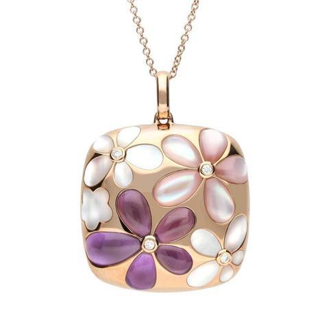 18ct Rose Gold Mother of Pearl Diamond Amethyst Flower Cushion Necklace - Option1 Value Rose Gold