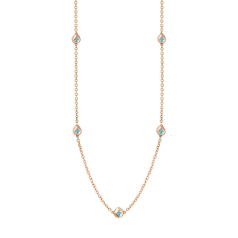 18ct Rose Gold Turquoise Fleur De Lis Link Disc Chain Necklace - Option1 Value Rose Gold