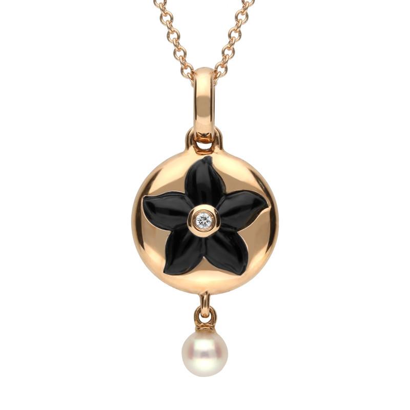 18ct Rose Gold Whitby Jet Diamond Flower Necklace - Option1 Value Rose Gold