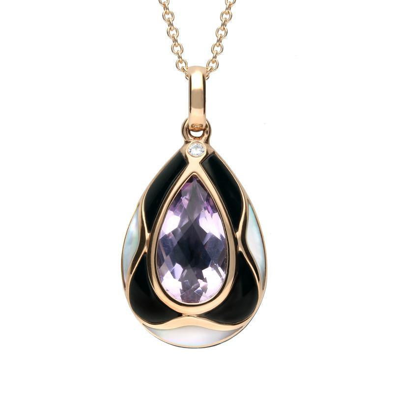 18ct Rose Gold Whitby Jet Diamond Amethyst Pear Necklace - Rose Gold