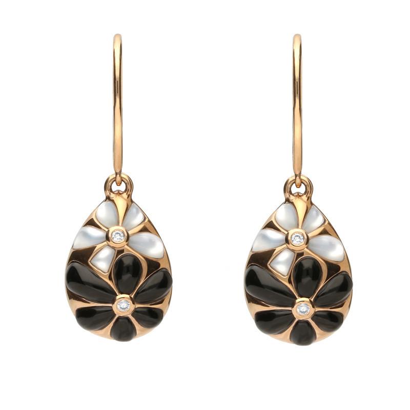 18ct Rose Gold Whitby Jet 0.02 Carat Diamond Mother of Pearl Drop Earrings - Option1 Value Rose Gold