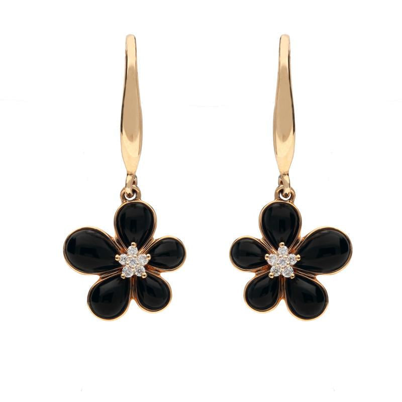 18ct Rose Gold Whitby Jet 0.05ct Diamond Flower Drop Earrings - Option1 Value Rose Gold