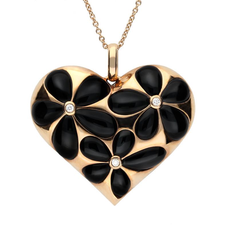 18ct Rose Gold Whitby Jet 0.05 Carat Diamond Large Heart Pendant - Option1 Value Rose Gold