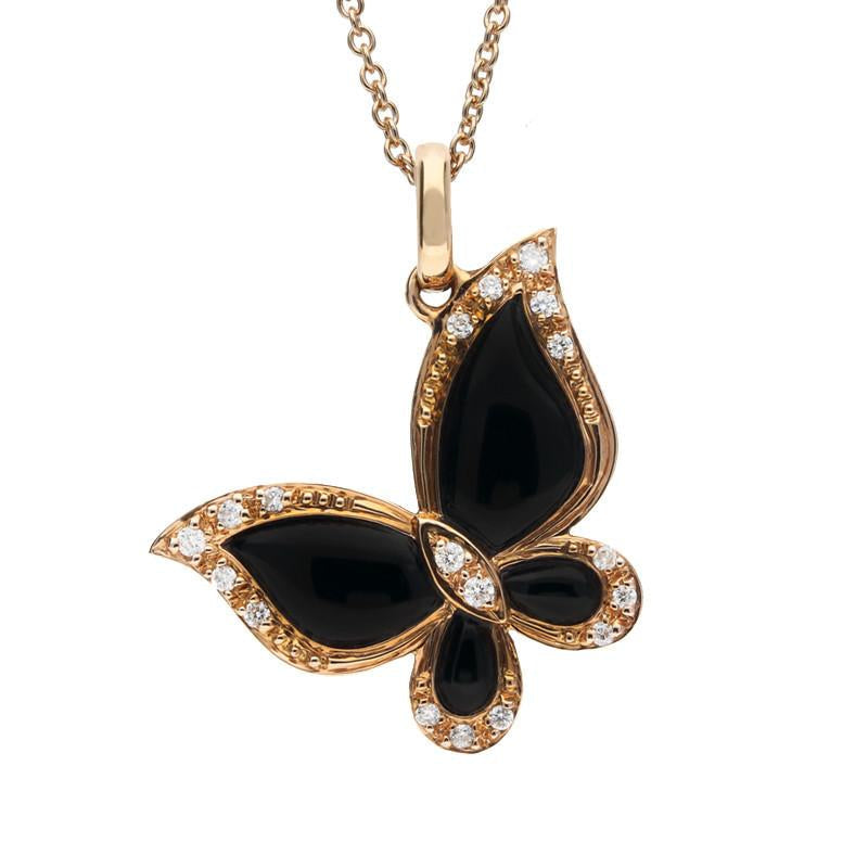 18ct Rose Gold Whitby Jet 0.08ct Diamond Butterfly Necklace - Option1 Value Rose Gold