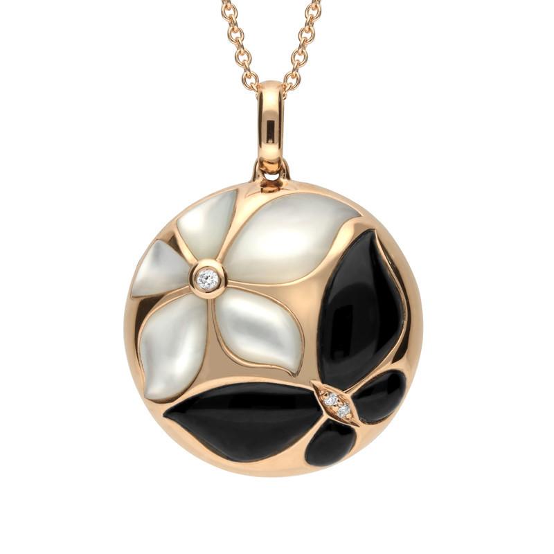 18ct Rose Gold Whitby Jet And Diamond Round Two Flower Necklace - Rose Gold