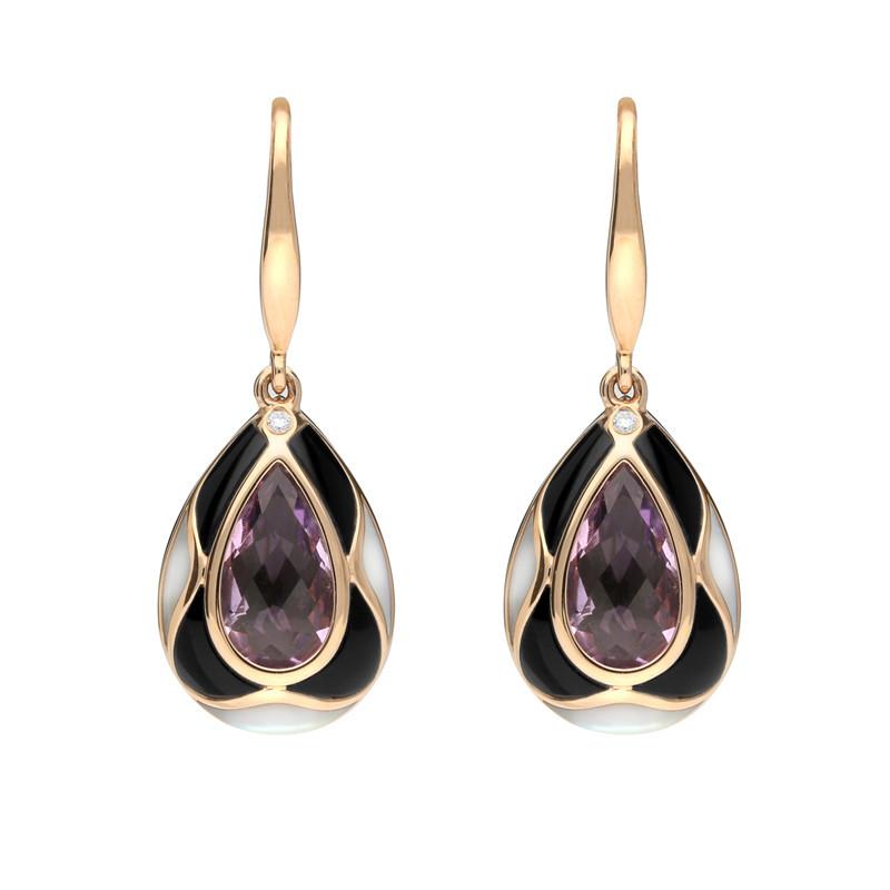 18ct Rose Gold Whitby Jet Diamond Amethyst Mother of Pearl Drop Earrings - Option1 Value Rose Gold