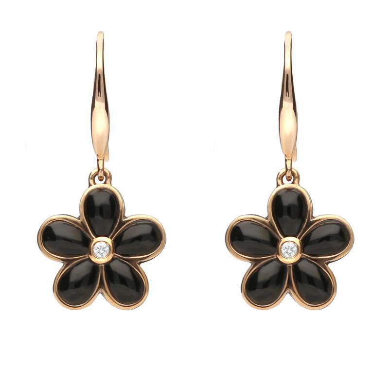 18ct Rose Gold Whitby Jet Diamond Flower Drop Earrings - Option1 Value Rose Gold
