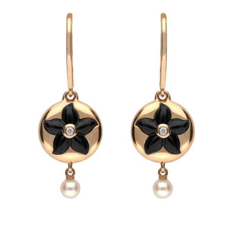 18ct Rose Gold Whitby Jet Diamond Pearl Flower Drop Earrings - Option1 Value Rose Gold