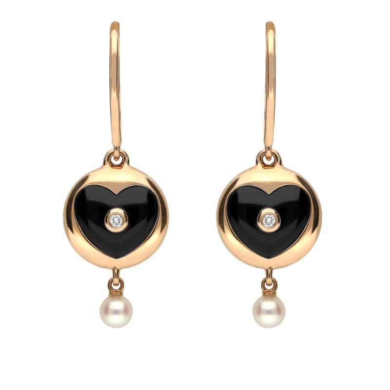 18ct Rose Gold Whitby Jet Diamond Pearl Heart Drop Earrings - Option1 Value Rose Gold