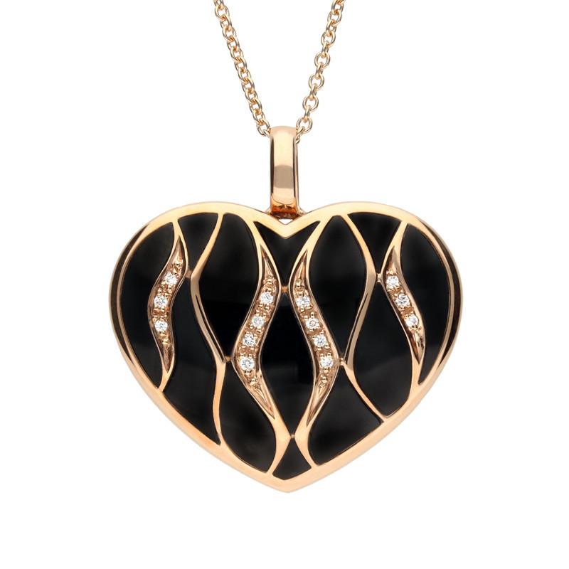 18ct Rose Gold Whitby Jet Diamond Wavy Heart Necklace D - Option1 Value Rose Gold