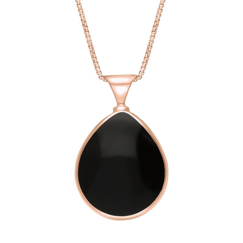 18ct Rose Gold Whitby Jet Mother of Pearl King's Coronation Hallmark Double Sided Pear-shaped Necklace