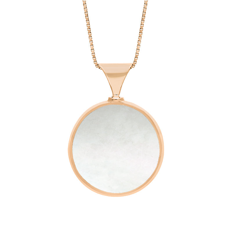 18ct Rose Gold Whitby Jet Mother of Pearl King's Coronation Hallmark Double Sided Round Necklace