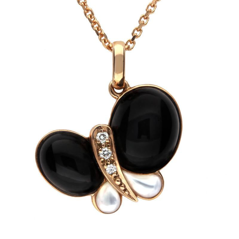 18ct Rose Gold Whitby Jet Mother of Pearl Diamond Butterfly Necklace - Option1 Value Rose Gold