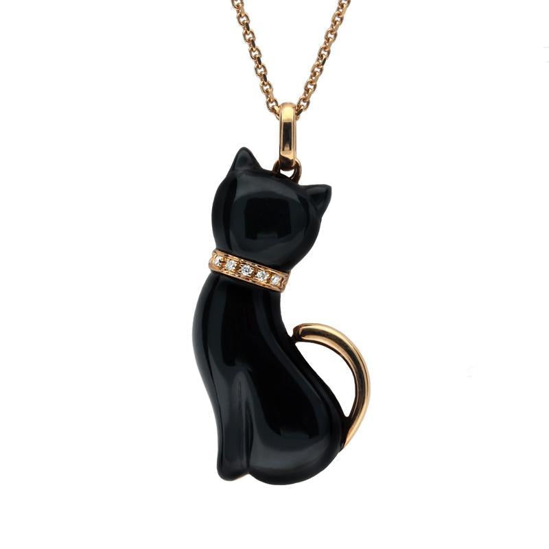 18ct Rose Gold Whitby Jet and Diamond Cat With Tail Large Necklace - Rose Gold