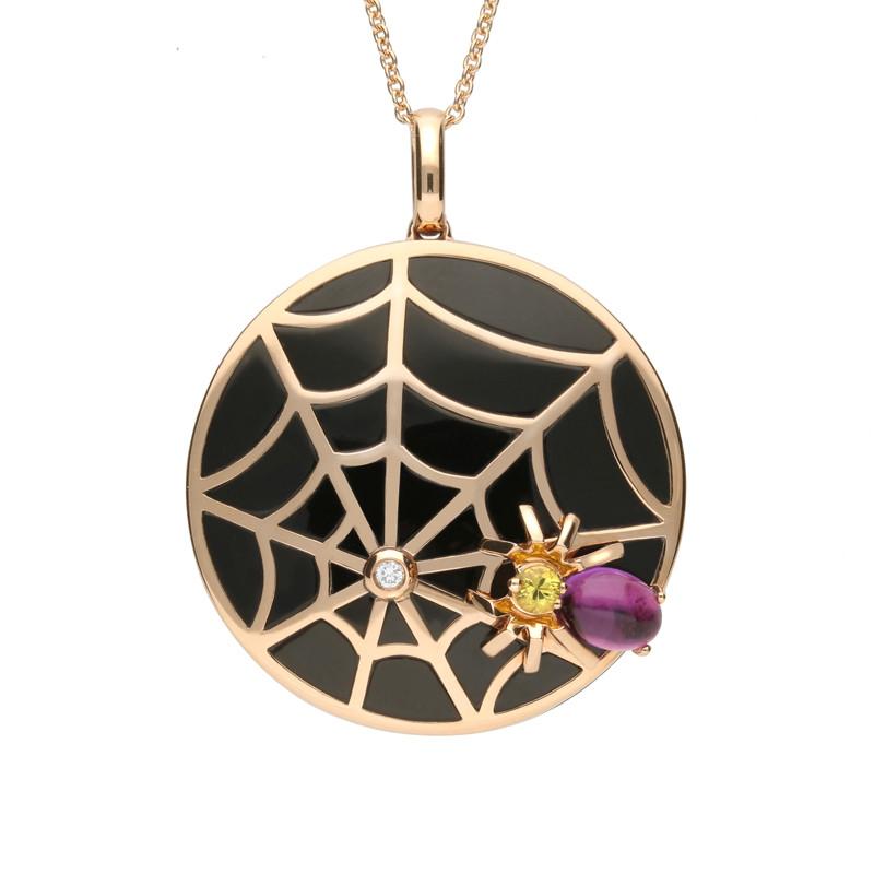 18ct Rose Gold Whitby Jet and Diamond Spider Web Necklace D - Rose Gold