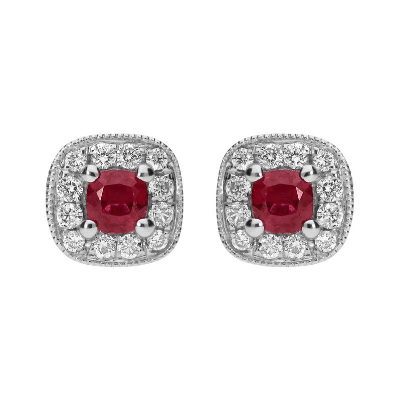 18ct White Gold 0.37ct Ruby and Diamond Cushion Stud Earrings - Option1 Value White Gold