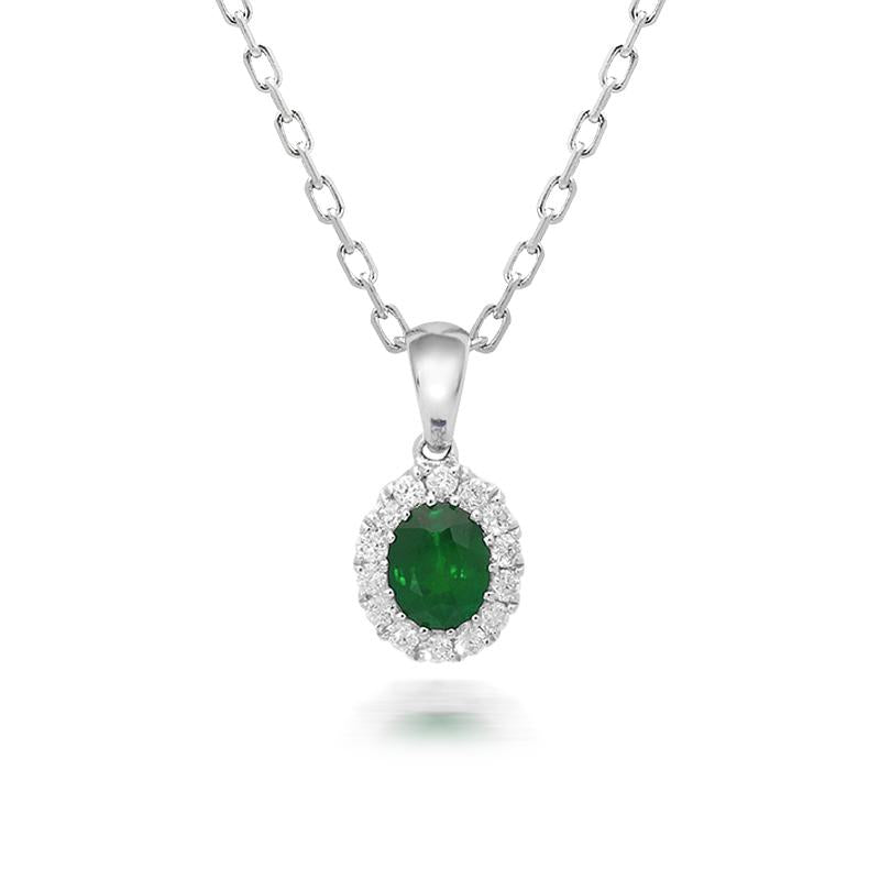 18ct White Gold 0.41ct Emerald and Diamond Oval Necklace - White Gold