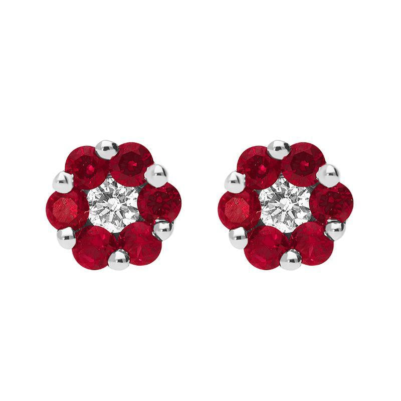 18ct White Gold 0.42ct Ruby Diamond Cluster Earrings - Option1 Value White Gold