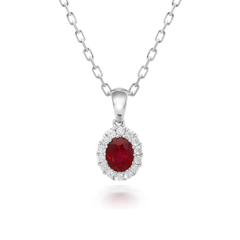 18ct White Gold 0.45ct Ruby Diamond Oval Cluster Necklace - Option1 Value White Gold