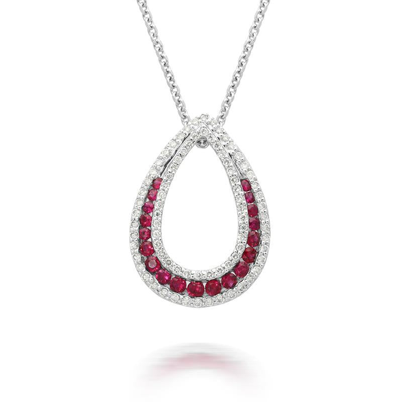 18ct White Gold 0.48ct Ruby Diamond Open Teardrop Necklace - White Gold