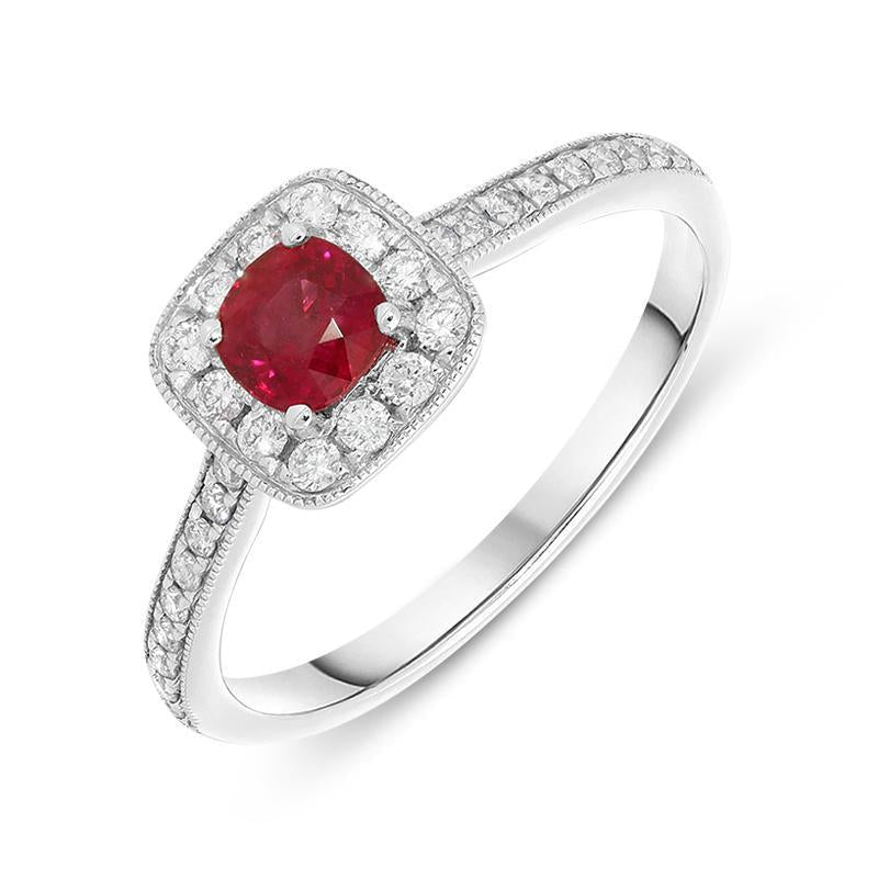 18ct White Gold 0.49ct Ruby Diamond Cushion Ring - White Gold