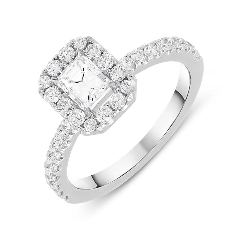 18ct White Gold 1.06ct Diamond Emerald Cut Halo Ring - M