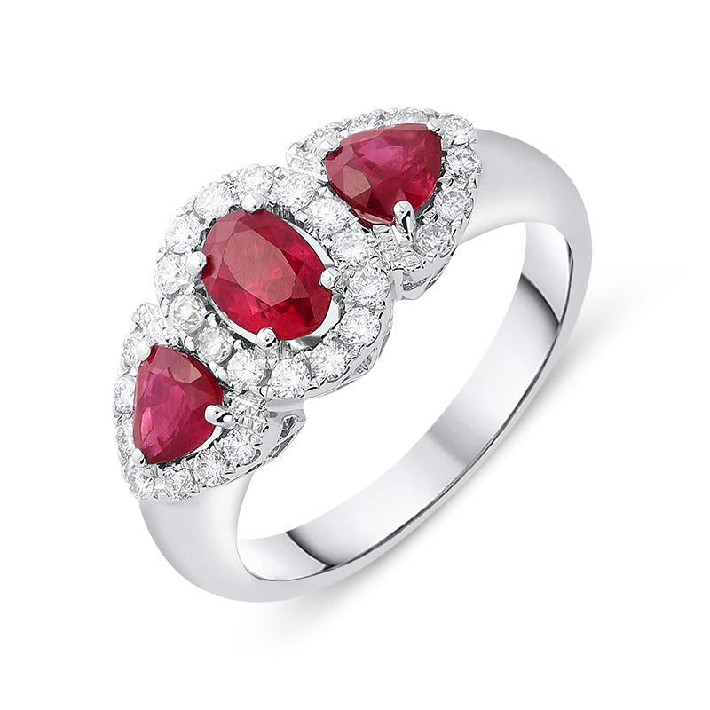 18ct White Gold 0.55ct Ruby Diamond Cluster Trilogy Ring - Option1 Value White Gold