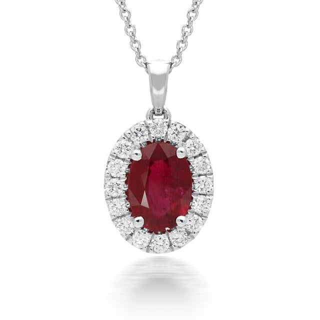 18ct White Gold1.02ct Ruby Diamond Oval Cluster Necklace - Option1 Value White Gold