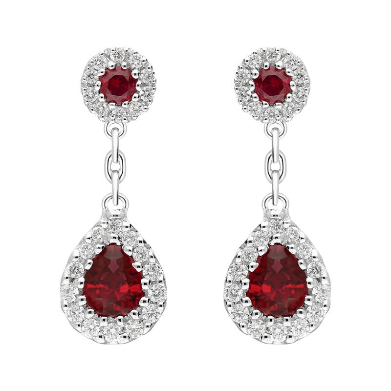 18ct White Gold 0.82ct Ruby Diamond Pear Cluster Drop Earrings