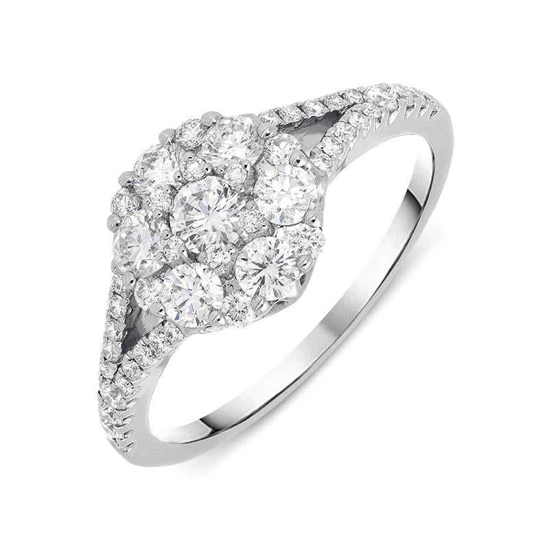 18ct White Gold 0.94ct Diamond Split Shoulder Round Cluster Ring - O
