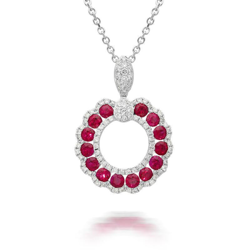 18ct White Gold 1.08ct Ruby Diamond Open Cluster Necklace - White Gold