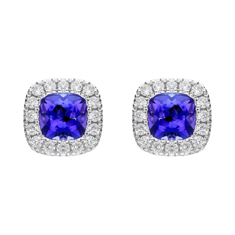 18ct White Gold 1.25ct Tanzanite 0.21ct Diamond Cushion Cut Stud Earrings