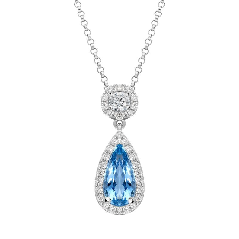 18ct White Gold 1.47ct Aquamarine Diamond Pear Cut Necklace