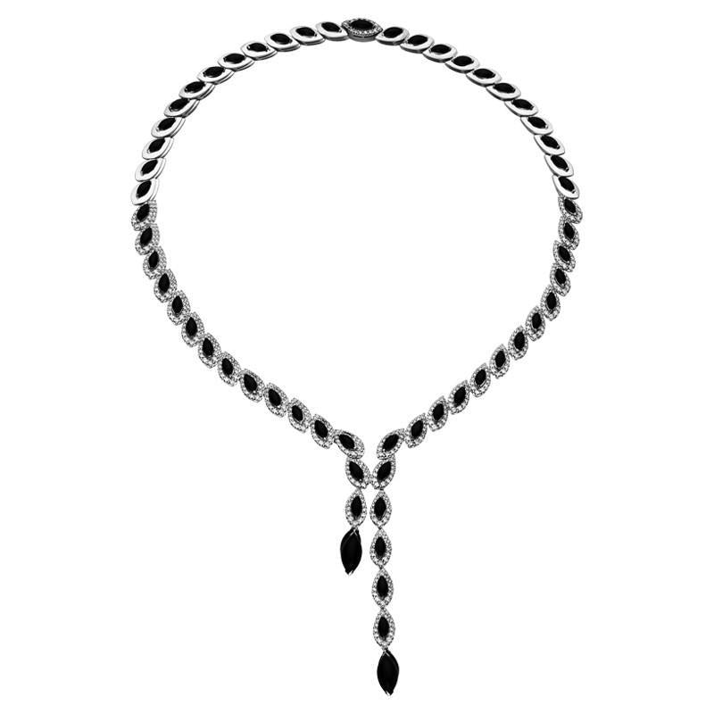 18ct White Gold 6.54ct Diamond and Whitby Jet Marquise Necklace - White Gold