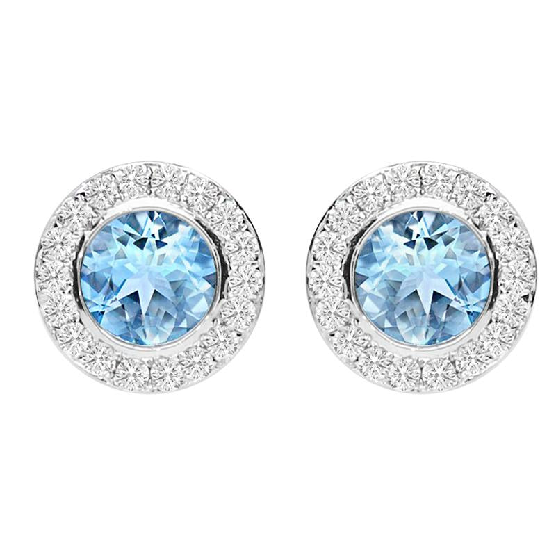 18ct White Gold Aquamarine Diamond Pave Round Stud Earrings - Option1 Value White Gold